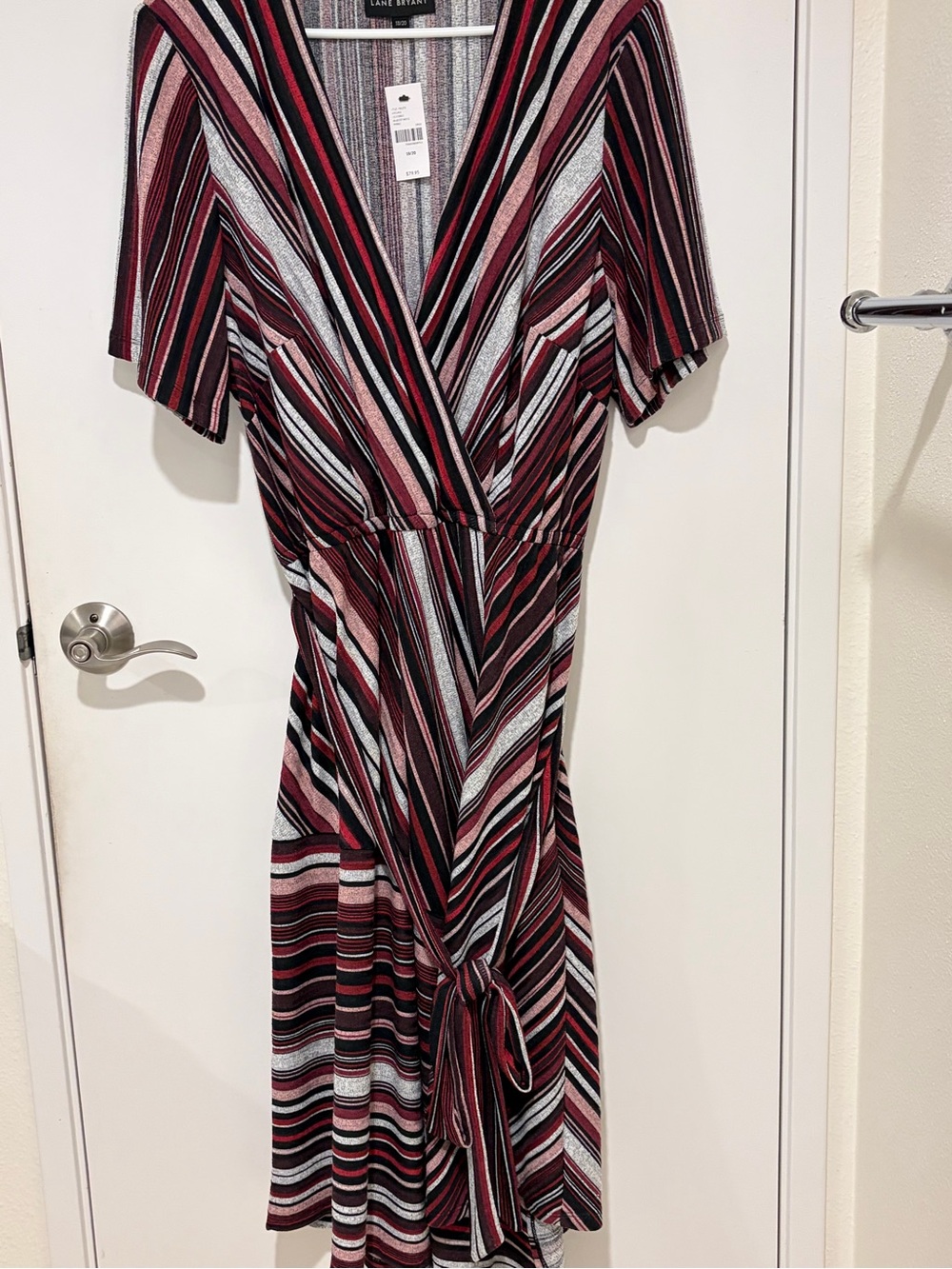 Lane Bryant Burgundy, Black & White Striped Wrap Midi Dress